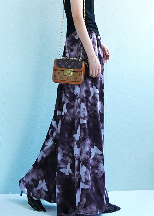 Butterfly Print Elastic Waist Ice Silk Wide Leg Pants Summer