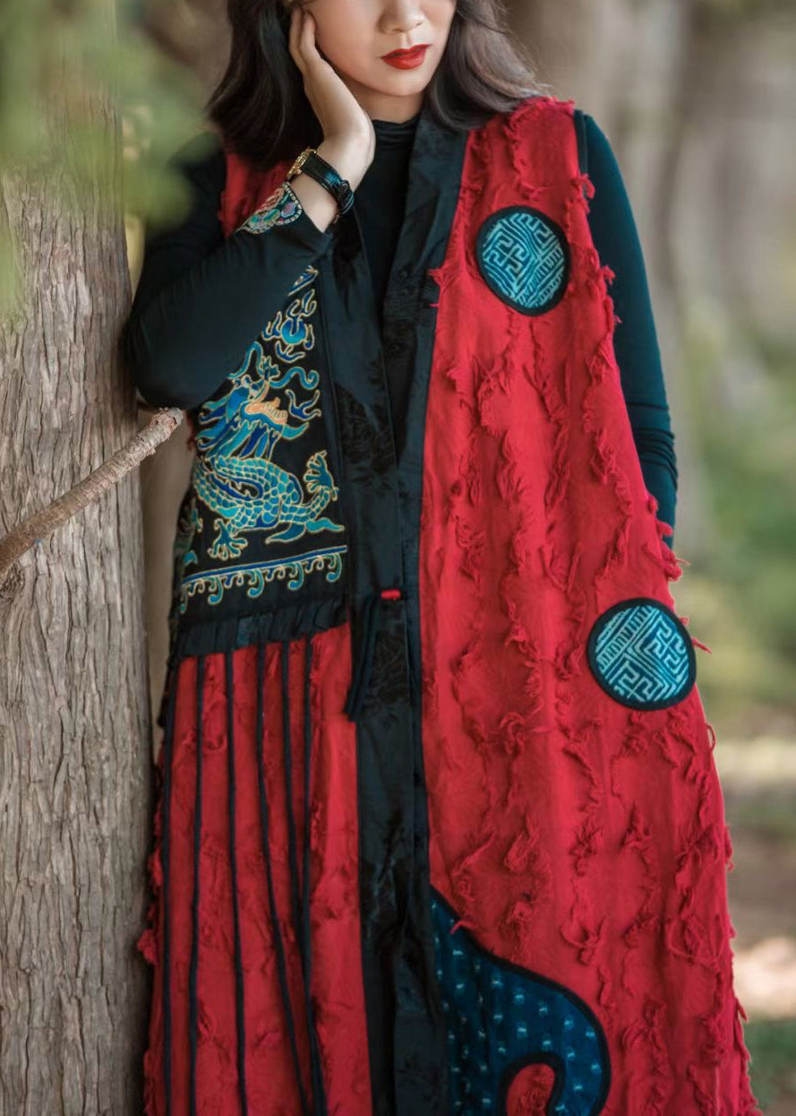 Red Tasseled Pocketspatchwork Cotton Waistcoat Sleeveless