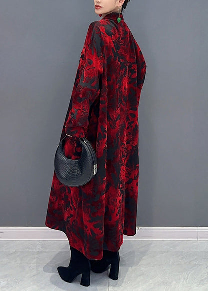 Red Stand Collar Print Patchwork Loose Velour Dresses Fall