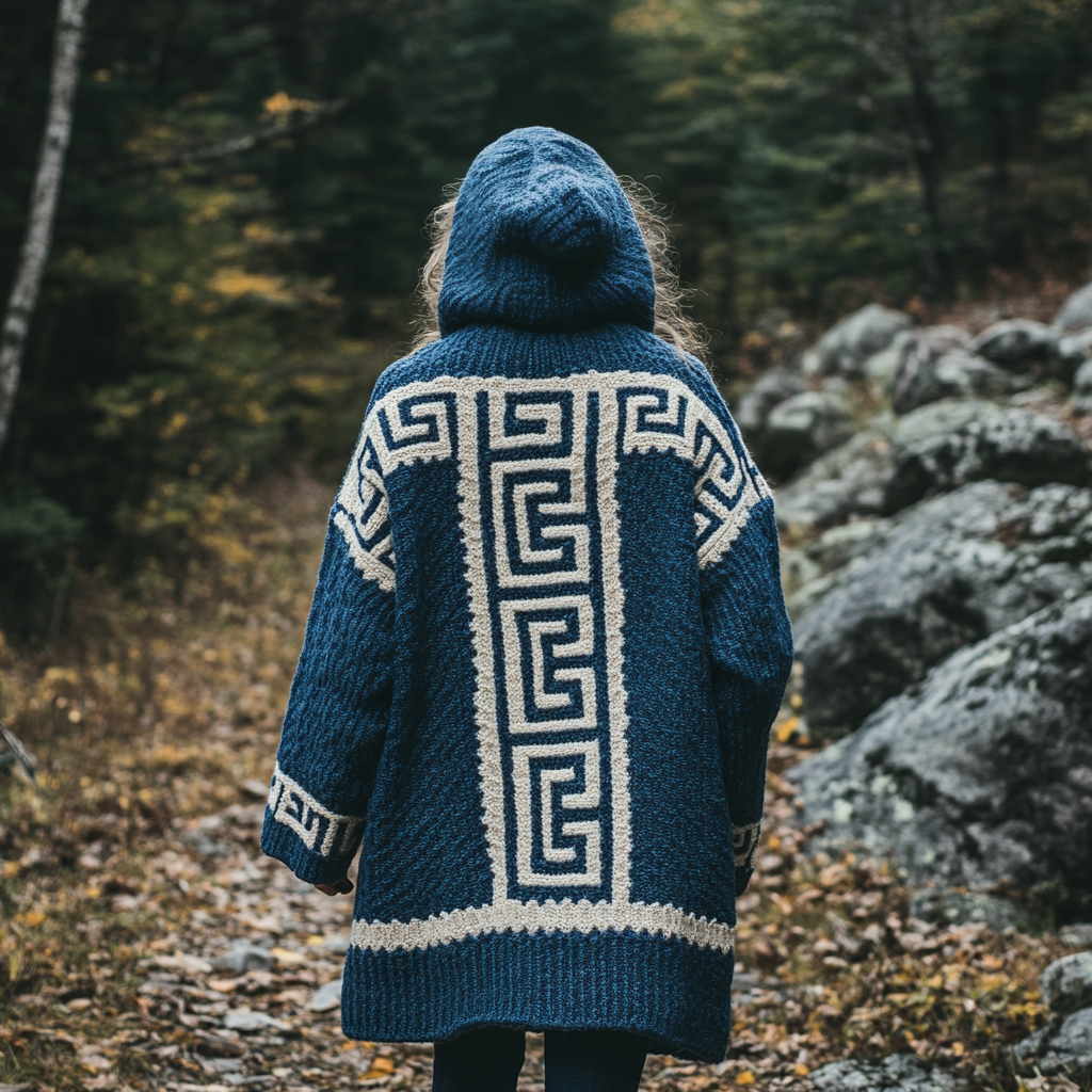 Women's Greek Art Inspired Jacquard Knit Cozy Hooded Cardigan elevenforest