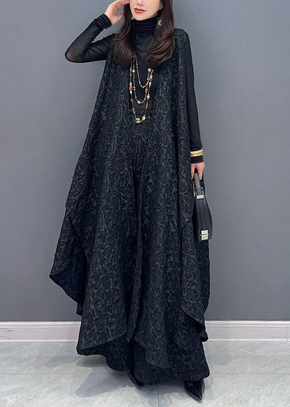 Jacquard Black Asymmetrical Patchwork Waistcoat and Pants Cotton Two Pieces Set Sleeveless