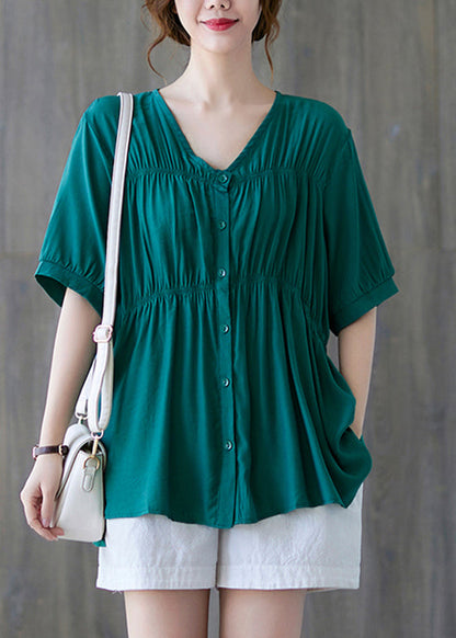 Green V Neck Buttton Wrinkled Cotton Shirt Tops Short Sleeve