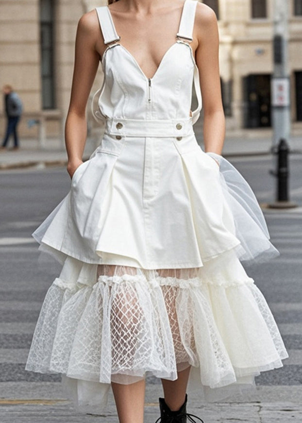 White V Neck Patchwork Tulle Denim Holiday Dress Summer