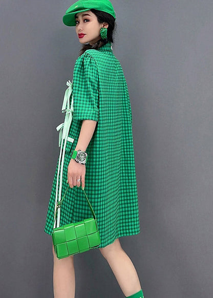Green Peter Pan Bow Collar Plaid Button Shirt Short Sleeve