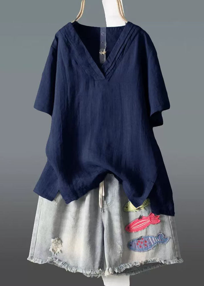 Navy V Neck Wrinkled Linen Tank Summer