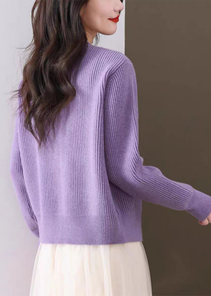 Purple Nail Bead Knit Fall Cardigan O Neck
