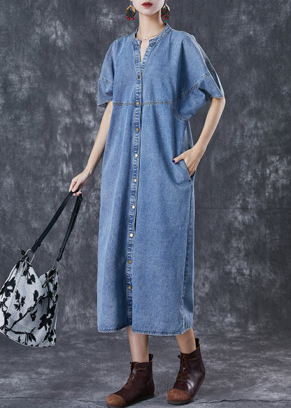 Denim Blue Oversized Patchwork Cotton Long Dress Fall