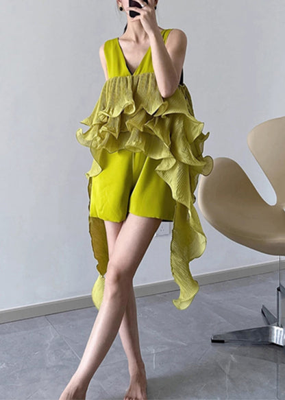 Green V Neck Patchwork Tassel Jumpsuit Summer