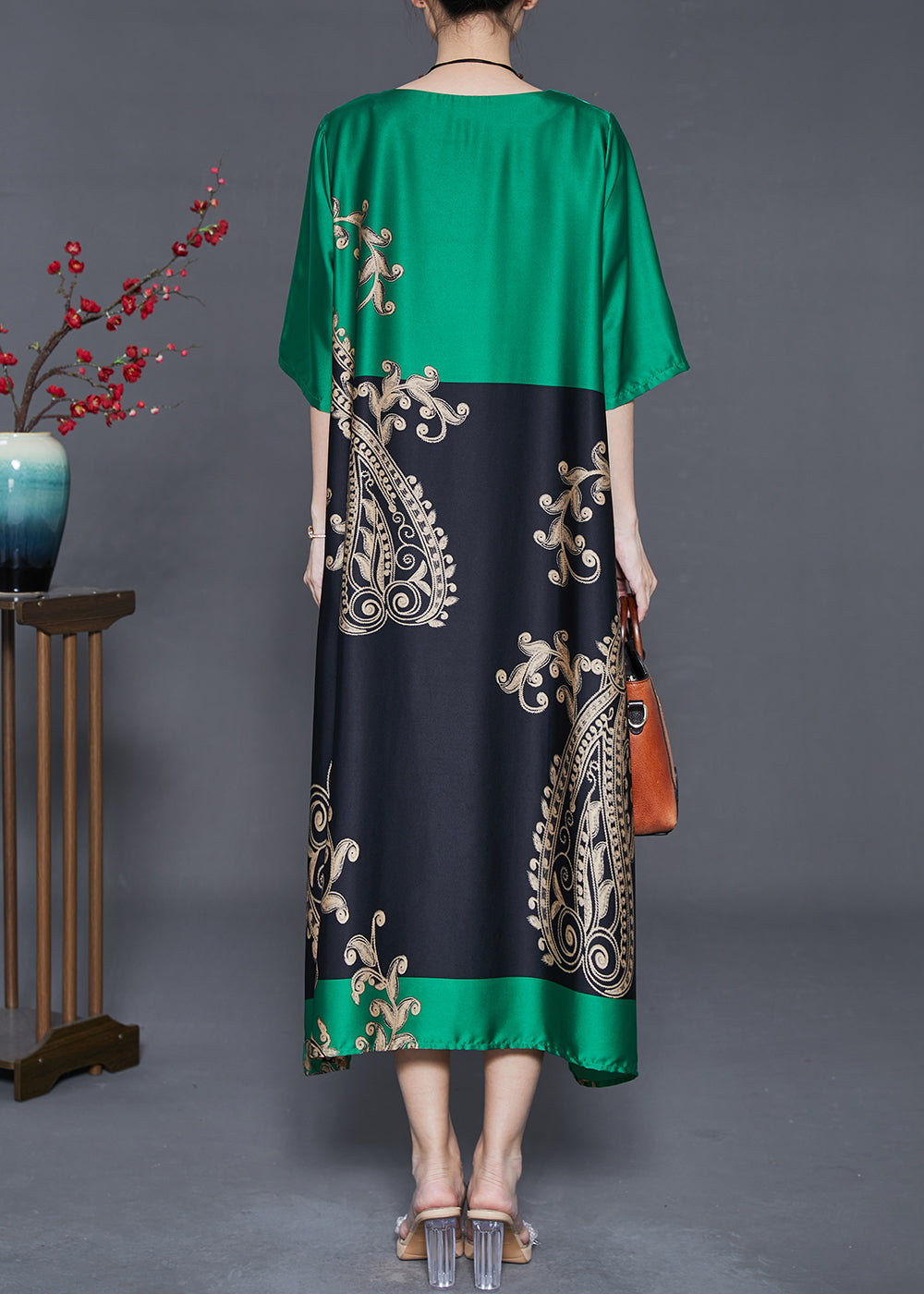 Peacock Green Oversized Patchwork Silk Holiday Dress Summer