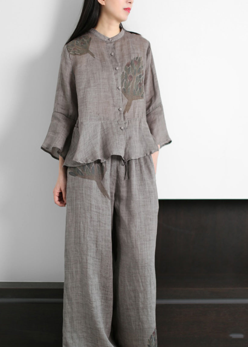 Grey Stand Collar Print Linen Tops and Wide Leg Pants Two Piece Outfit Flare Sleeve