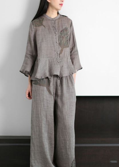 Grey Stand Collar Print Linen Tops and Wide Leg Pants Two Piece Outfit Flare Sleeve