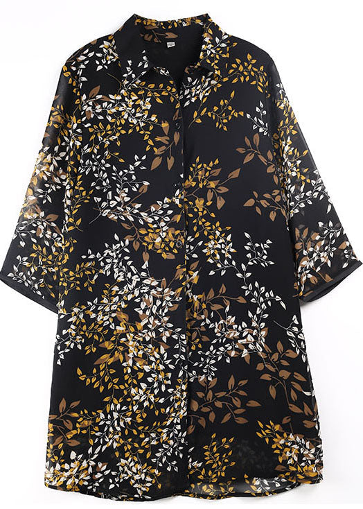 Dark Blue Peter Pan Collar Print Button Chiffon Long Shirt Tops Bracelet Sleeve