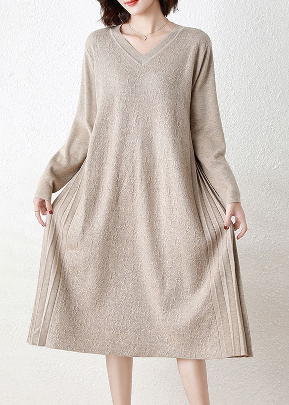 Yellow V Neck Patchwork Wrinkled Woolen Long Knit Dress Long Sleeve