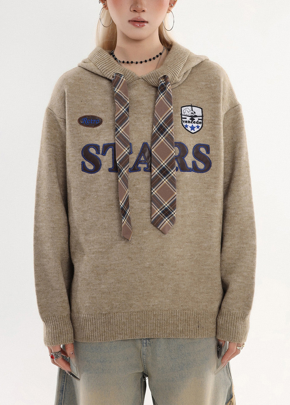 Coffee Hooded Embroidered Knit Sweatshirt Winter