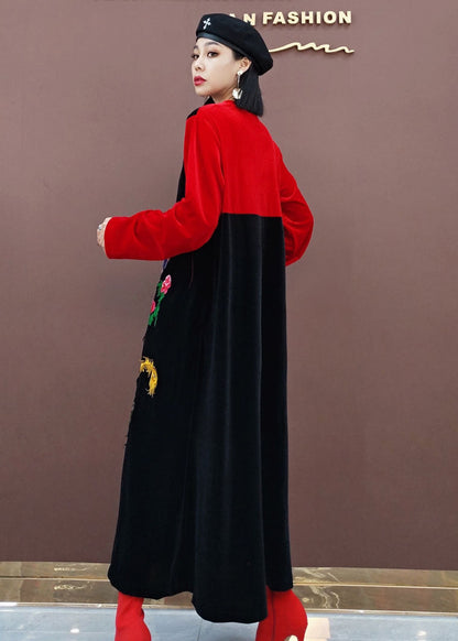 Red Oriental Embroideried Patchwork Velour Long Dresses Spring