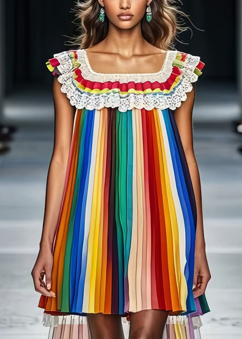 Fine Rainbow Striped Low High Design Chiffon Tea Dress Summer