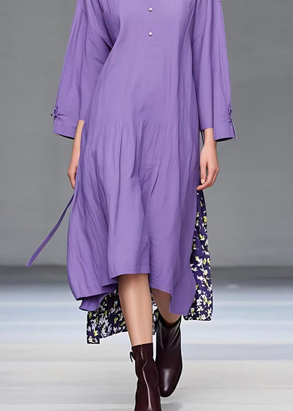 Simple Purple O-neck Print Patchwork Long Dress Fall