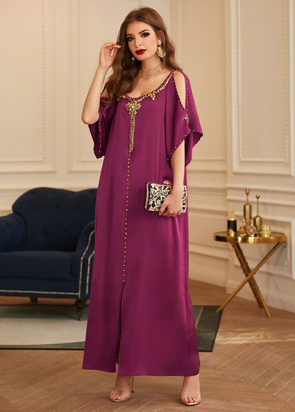 Boutique Purple O-neck Patchwork Cold Shoulder Slim Silk Holiday Long Dress Summer