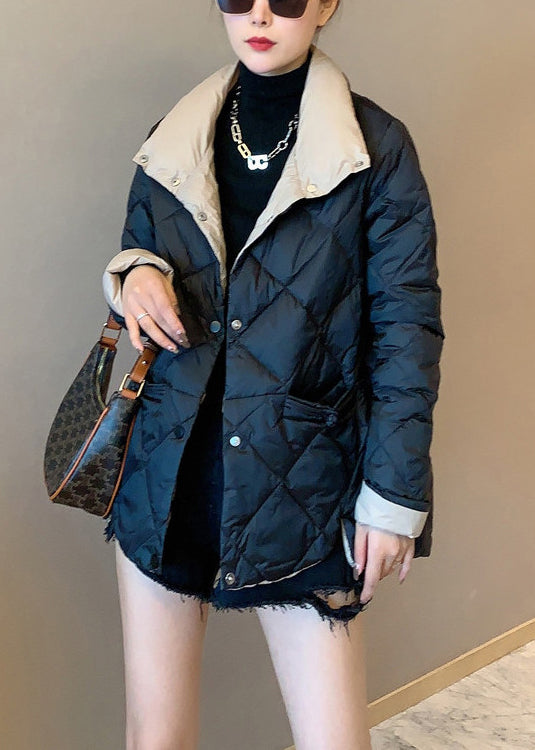 Black Pockets Patchwork Duck Down Puffers Jackets Winter