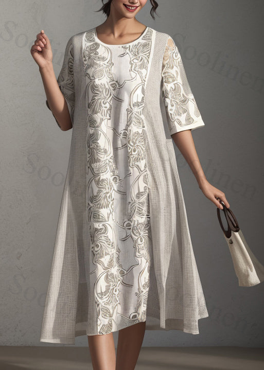 Apricot O Neck Print Patchwork Silk Dress Summer