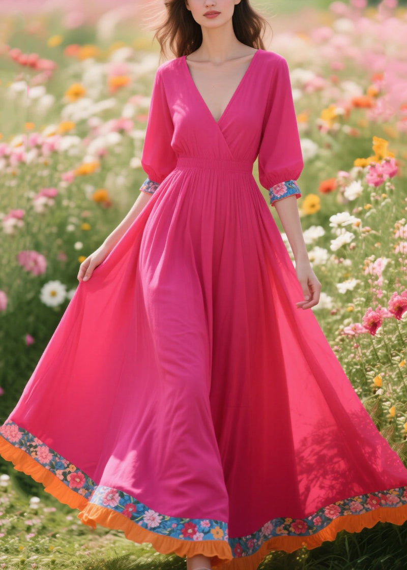 Rose V Neck Patchwork Cotton Vacation Dresses Summer