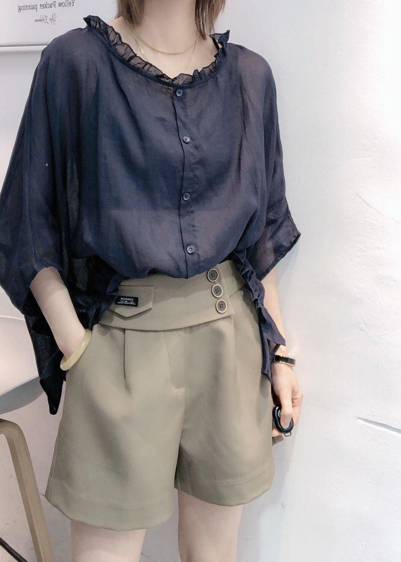 Black Tops Ruffles Trim Half Sleeve Shirts Blouse