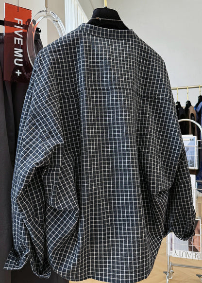 Black Plaid Stand Collar Pockets Cotton Shirt Top Fall