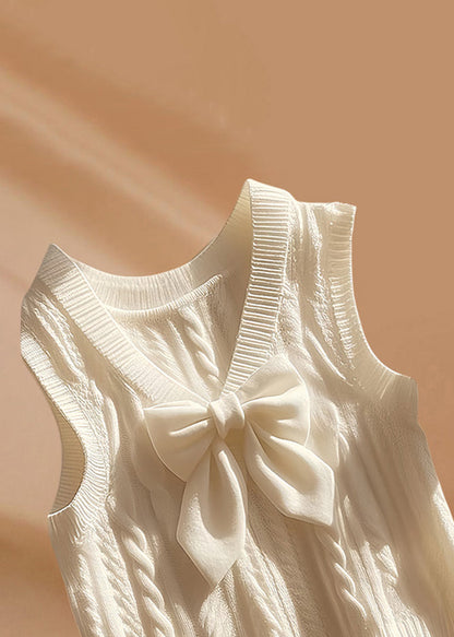Art Beige V Neck Bow Cozy Knit Waistcoat Sleeveless Fall