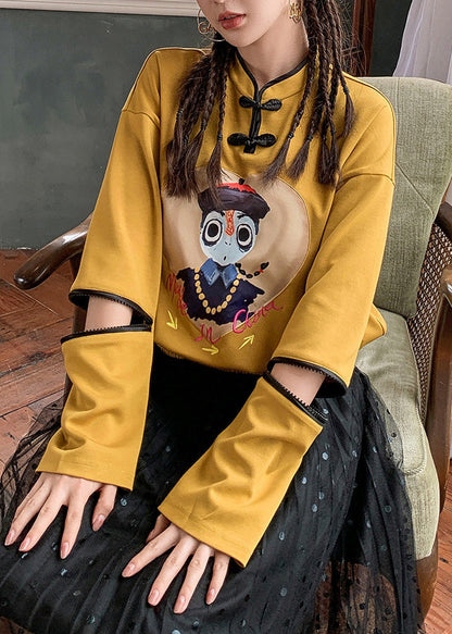 Yellow Stand Collar Print Button Sweatshirt Long Sleeve