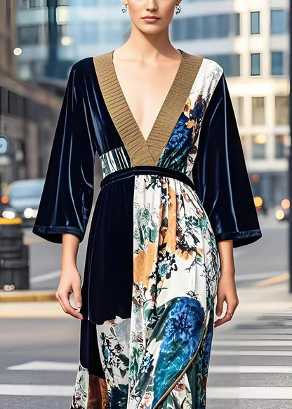 Dark V Neck Print Silk Velour Cinched Dress Fall