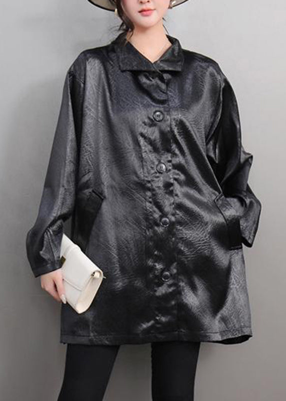 Simple Black Button Silk Shirt Spring
