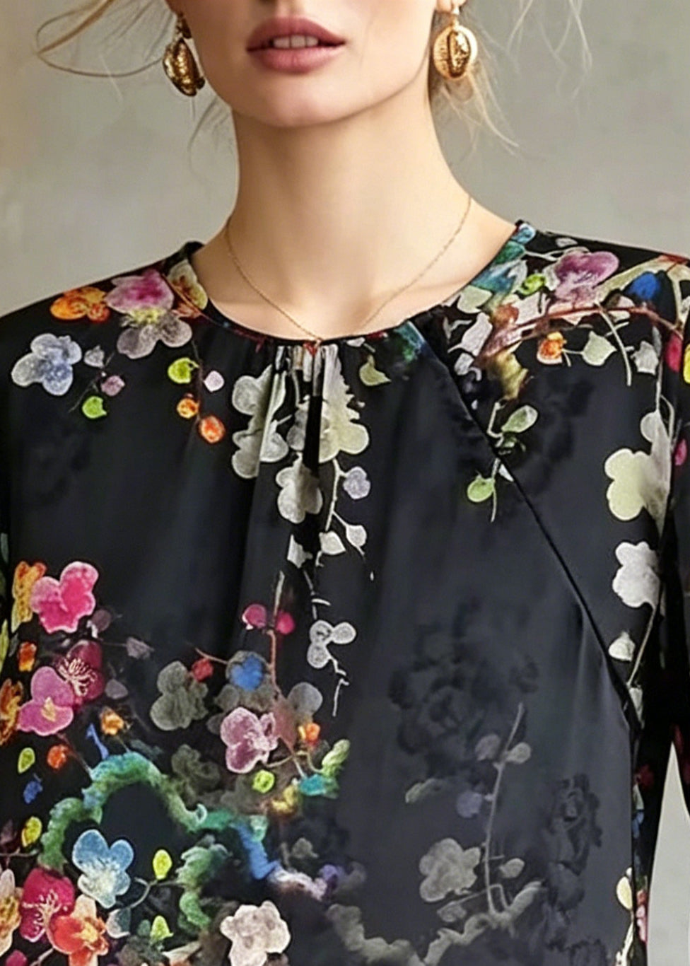Stylish Black Ruffled Print Silk Blouse Top Summer
