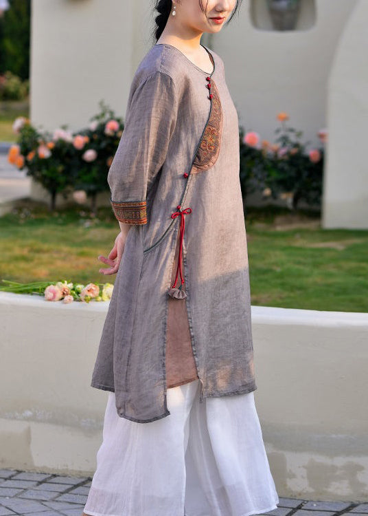 Light Purple Side Open Tasseled Linen Shirt Half Sleeve