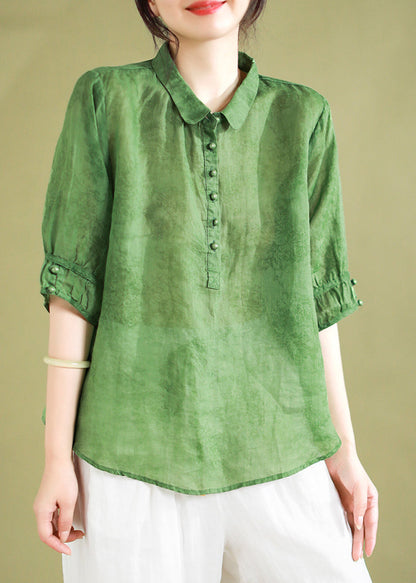 Red Peter Pan Collar Patchwork Button Linen Shirts Half Sleeve