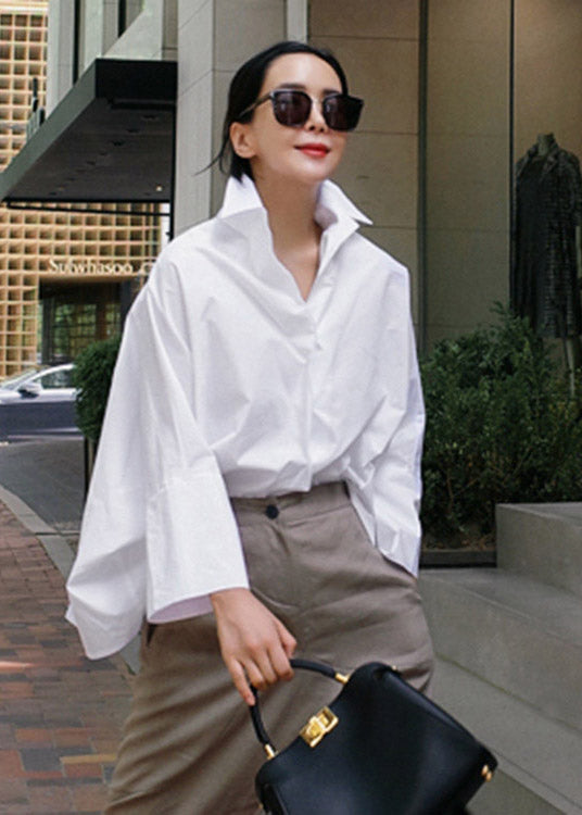White Peter Pan Collar Button Cotton Shirts Batwing Sleeve