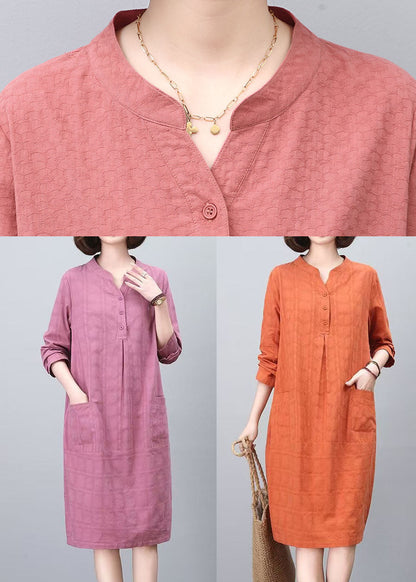 Orange Stand Collar Cotton Mid Dresses Spring