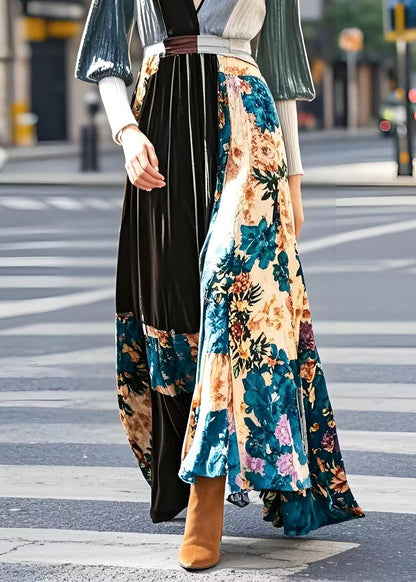 Diy Print Patchwork Exra Large Hem Silk Velour Holiday Dress Spring