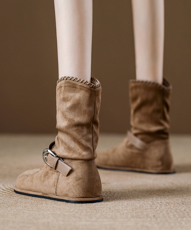 New Brown Suede Wrinkled Splicing Boots