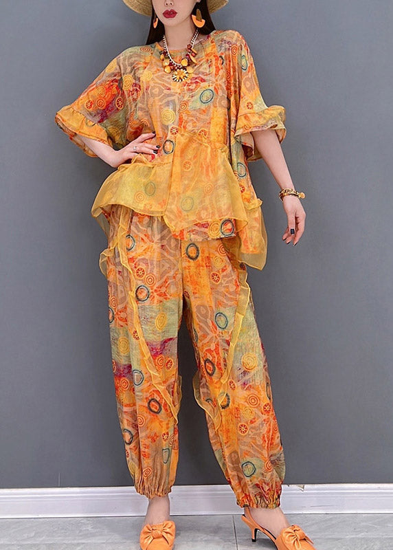 Orange Ruffled Asymmetrical Design Patchwork Tulle Tops and Pants Two Pieces Set Summer