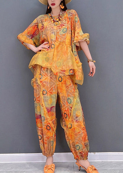 Orange Ruffled Asymmetrical Design Patchwork Tulle Tops and Pants Two Pieces Set Summer