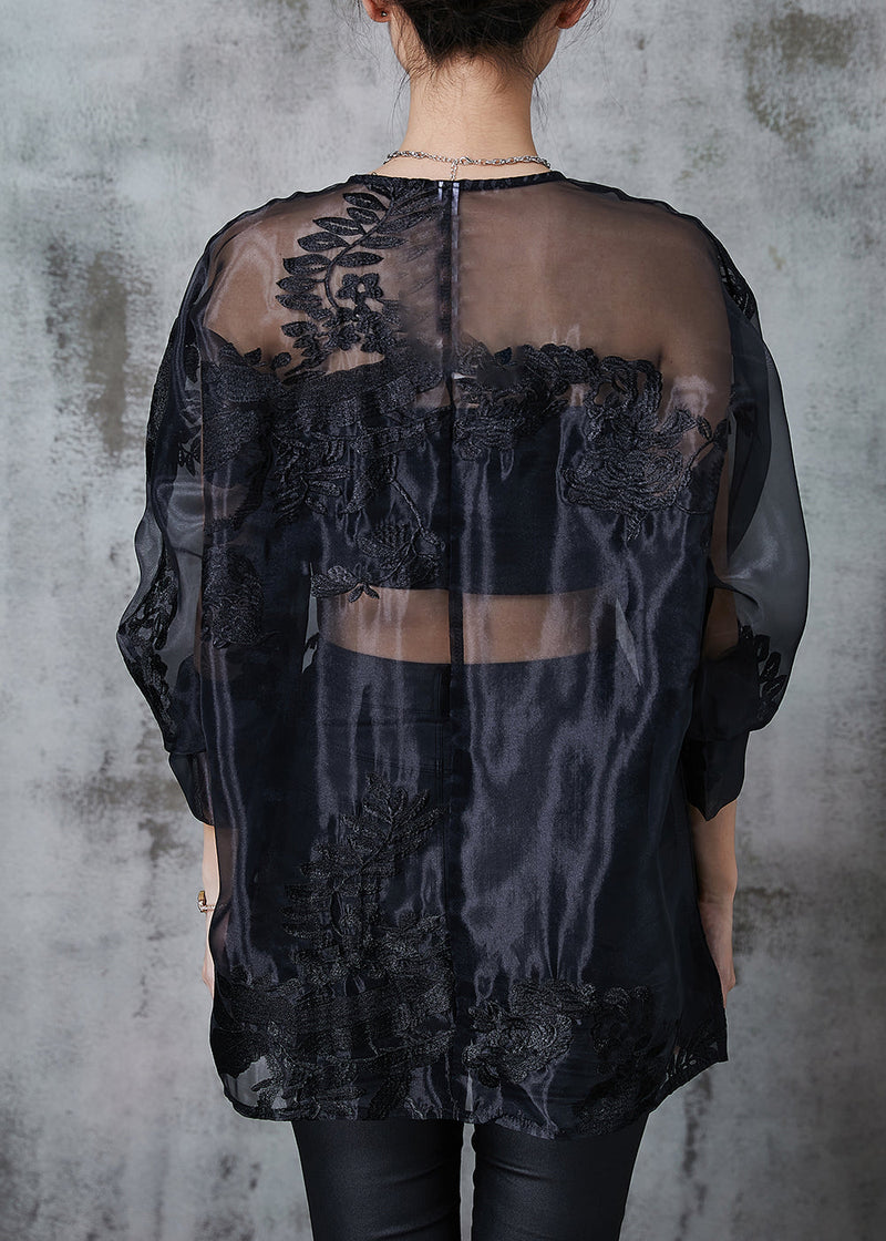 Black Embroidered Hollow Out Organza Blouses Summer