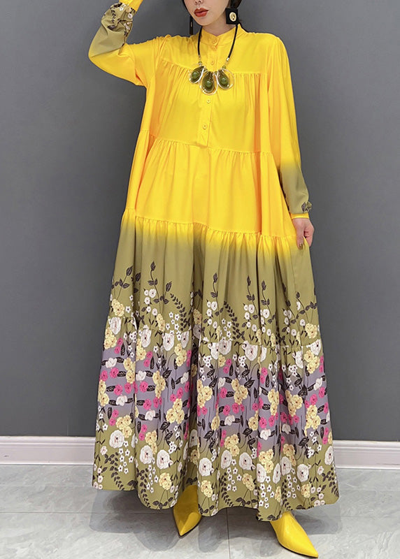 Yellow Stand Collar Print Patchwork Vacation Long Dresses Spring