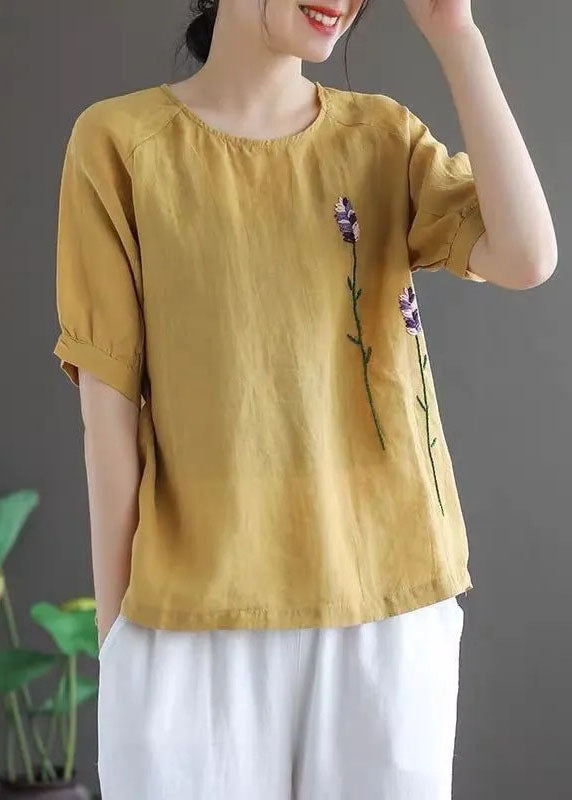 Ginger Embroideried Linen Tops Short Sleeve