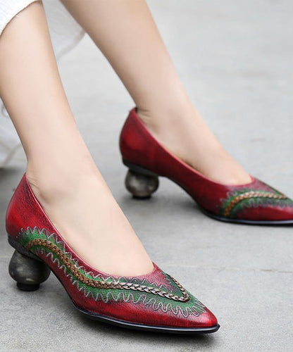 Red High Heels Chunky Genuine Leather Pointed Toe High Heels