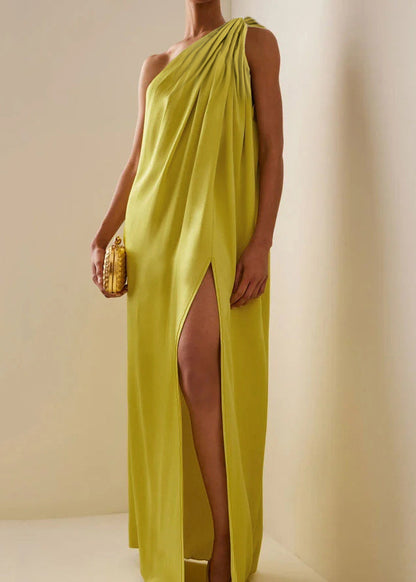 Yellow One Shoulder Asymmetrical Wrinkled Maxi Dresses Summer