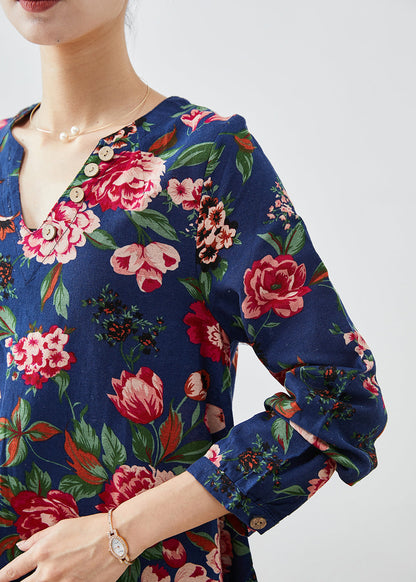 Handmade Navy V Neck Print Linen a Line Dresses Fall