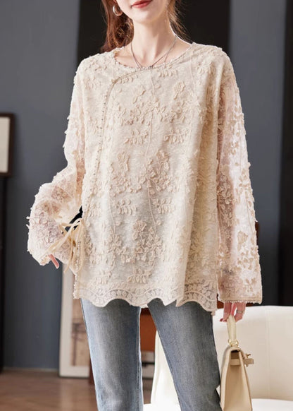 Beige Embroidered Nail Bead Lace Up Chiffon Shirt Spring