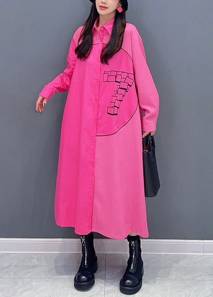 Loose Rose Button Print Patchwork Cotton Shirts Dress Spring
