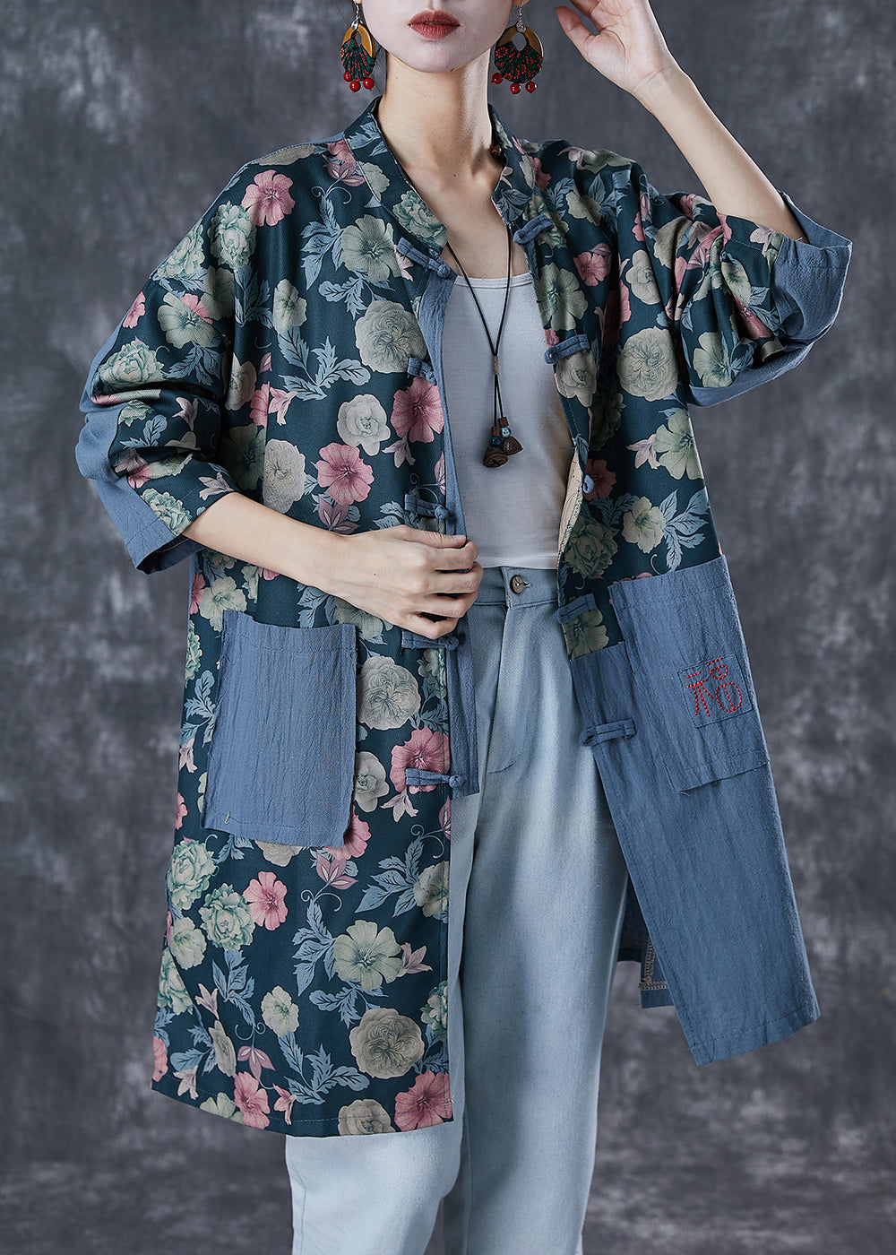Embroideried Patchwork Print Linen Coat Outwear Fall