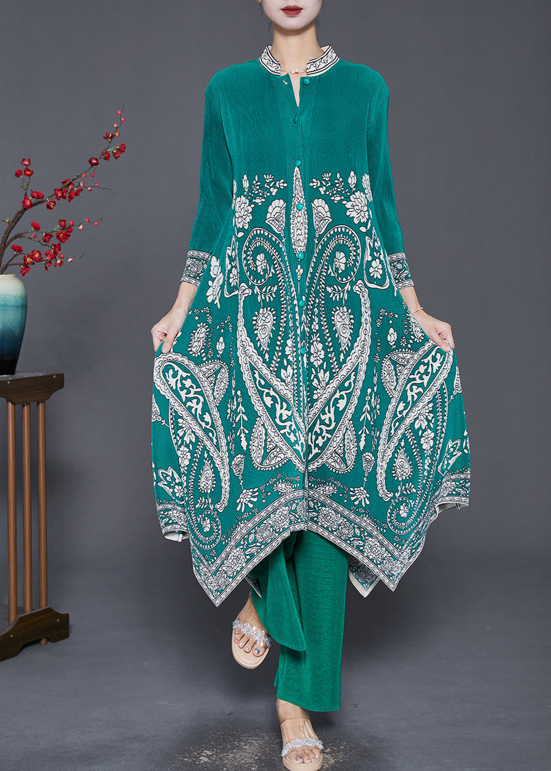 Diy Green Asymmetrical Print Silk Dress and Pant Two Pieces Set Fall